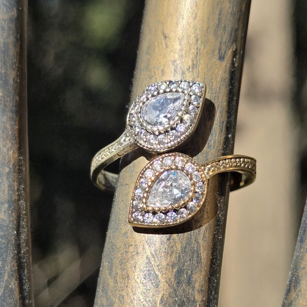 Lightening quartz & topaz dual teardrop Sterling Bronze&Gold ringSz8 Adjustable